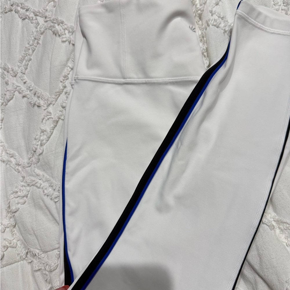 Athleta Elation high waist Leggings with Blue and Black Side Stripe